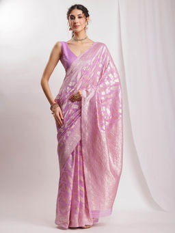 Janasya - Women's Lavender Silk Blend Floral Woven Design Jacquard Saree with Unstitched Blouse