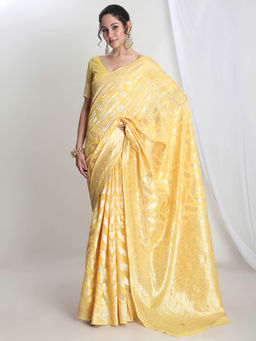 Janasya - Women's Yellow Silk Blend Floral Woven Design Jacquard Saree with Unstitched Blouse