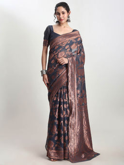 Janasya - Women's Dark Grey Silk Blend Floral Woven Design Jacquard Saree with Unstitched Blouse