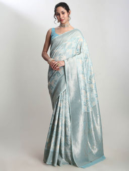 Janasya - Women's Sky Blue Silk Blend Geometric Woven Design Jacquard Saree with Unstitched Blouse