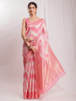 Janasya - Women's Pink Silk Blend Geometric Woven Design Jacquard Saree with Unstitched Blouse