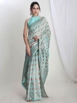Janasya - Women's Light Blue Silk Blend Geometric Woven Design Jacquard Saree with Unstitched Blouse