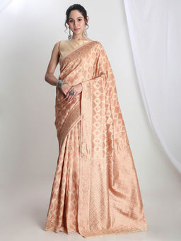 Janasya - Women's Beige Silk Blend Geometric Woven Design Jacquard Saree with Unstitched Blouse