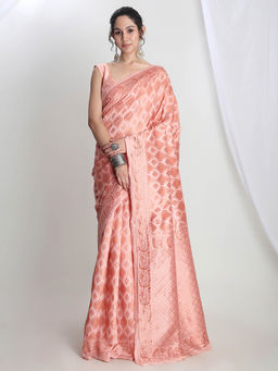 Janasya - Women's Peach Silk Blend Geometric Woven Design Jacquard Saree with Unstitched Blouse