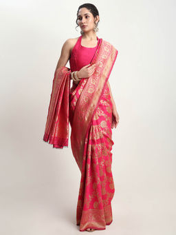 Janasya - Women's Pink Silk Blend Floral Woven Design Jacquard Saree with Unstitched Blouse