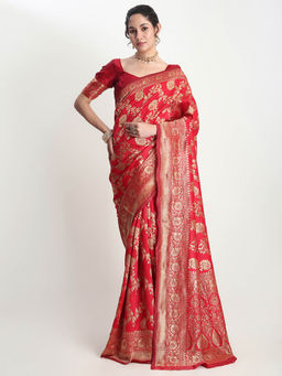 Janasya - Women's Red Silk Blend Floral Woven Design Jacquard Saree with Unstitched Blouse