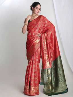 Janasya - Women's Red Silk Blend Ethnic Motifs Woven Design Jacquard Saree with Unstitched Blouse