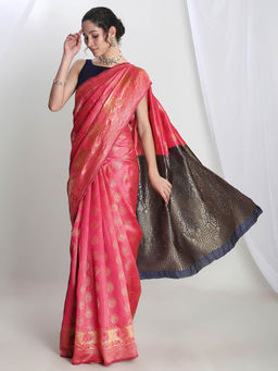 Janasya - Women's Pink Silk Blend Ethnic Motifs Woven Design Jacquard Saree with Unstitched Blouse
