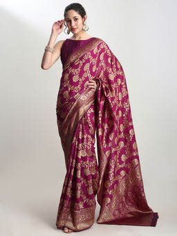 Janasya - Women's Purple Silk Blend Floral Woven Design Jacquard Saree with Unstitched Blouse