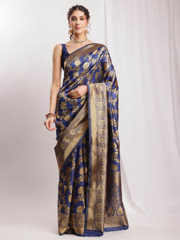 Janasya - Women's Navy Blue Silk Blend Floral Woven Design Jacquard Saree with Unstitched Blouse