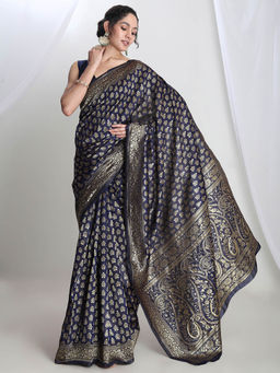 Janasya - Women's Navy Blue Silk Blend Woven Design Jacquard Saree with Unstitched Blouse