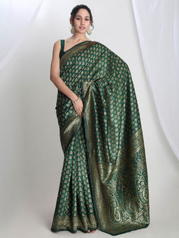 Janasya - Women's Dark Green Silk Blend Floral Woven Design Jacquard Saree with Unstitched Blouse
