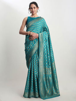 Janasya - Women's Turquoise Silk Blend Ethnic Motifs Woven Jacquard Saree with Unstitched Blouse