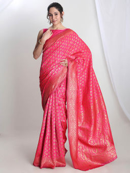 Janasya - Women's Pink Silk Blend Floral Woven Design Jacquard Saree with Unstitched Blouse