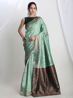 Janasya - Women's Light Green Silk Blend Ethnic Motifs Woven Jacquard Saree with Unstitched Blouse