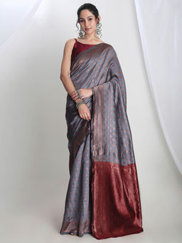 Janasya - Women's Grey Silk Blend Ethnic Motifs Woven Design Jacquard Saree with Unstitched Blouse
