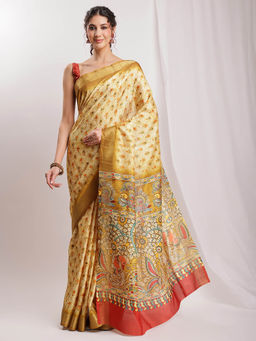 Janasya - Women's Mustard Green Silk Blend Kalamkari Printed Saree with Unstitched Blouse