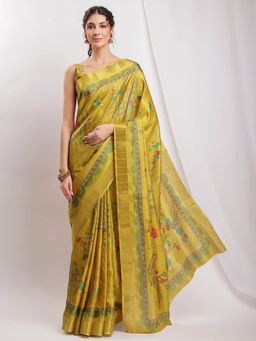 Janasya - Women's Green Silk Blend Ethnic Motifs Printed Saree with Unstitched Blouse