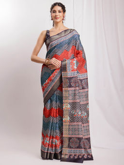 Janasya - Women's Multicolour Silk Blend Chevron Printed Saree with Unstitched Blouse