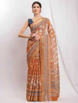 Janasya - Women's Brown Linen Blend Ethnic Motifs Printed Saree with Unstitched Blouse