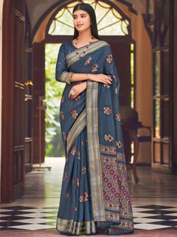 Odette - Womens Blue Chanderi Printed Saree with Unstitched Blouse