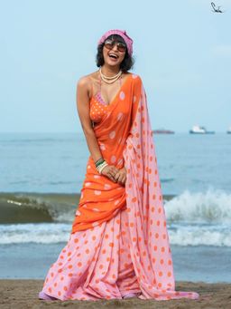 Suta - Pink and Orange Half-And-Half Mulmul Cotton Saree with Polka Dots