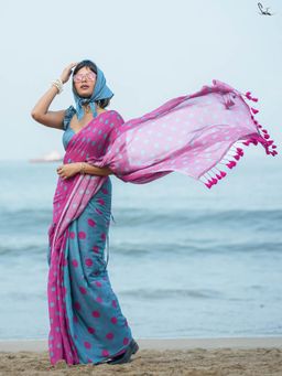 Suta - Pink and Blue Half-And-Half Mulmul Cotton Saree with Polka Dots