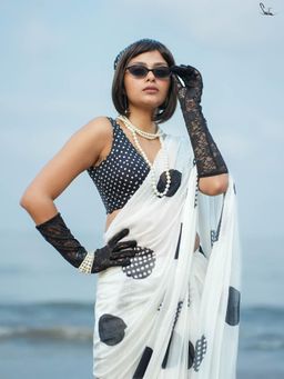 Suta - White Mulmul Cotton Saree with Big Black Polka Dots