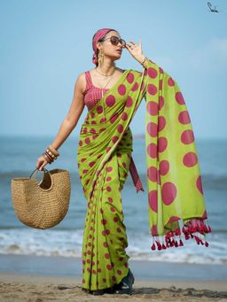 Suta - Green Mulmul Cotton Saree with Maroon Polka Dots In Mixed Sizes