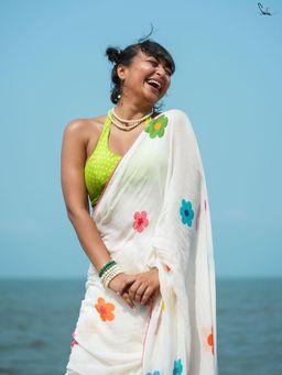 Suta - White Mulmul Cotton Saree with Multicolour Floral Print