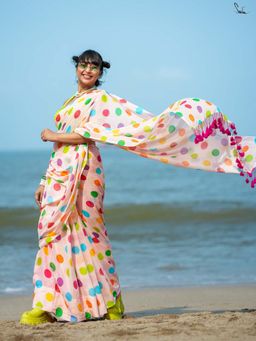 Suta - Light Pink Mulmul Cotton Saree with Multicolour Polka Dots