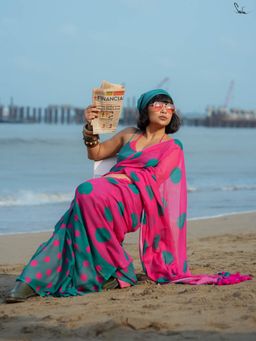 Suta - Pink and Green Half-And-Half Mulmul Cotton Saree with Polka Dots