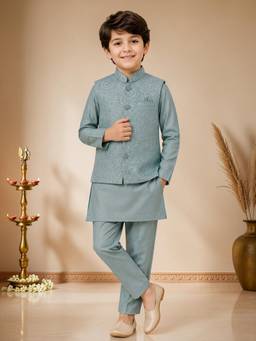 BT DEZINES - Teal Satin Solid Kurta Pyjama with Spiral Nehru Jacket