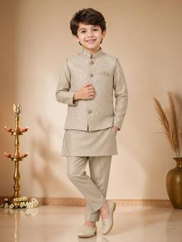 BT DEZINES - Khaki Satin Solid Kurta Pyjama with Spiral Nehru Jacket