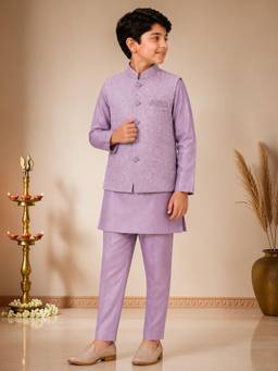 BT DEZINES - Mauve Satin Solid Kurta Pyjama with Spiral Nehru Jacket