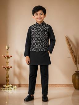BT DEZINES - Black Pure Cotton Solid Kurta Pyjama with Nehru Jacket