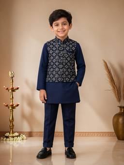 BT DEZINES - Navy Pure Cotton Solid Kurta Pyjama with Nehru Jacket