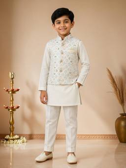 BT DEZINES - White Pure Cotton Solid Kurta Pyjama with Nehru Jacket