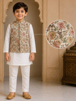 BAATCHEET - Cotton Schiffli Kurta and Pyjama With Jacket- Beige