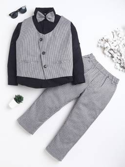 BAATCHEET - Cotton Full Sleeves Striped Party Suit - Grey