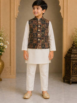 BAATCHEET - Cotton Full Sleeves Printed Kurta and Pyjama With Jacket- Olive