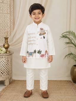 BAATCHEET - Cotton Ganesh Ji Beads Work Kurta and Pyjama With Jacket- Off White