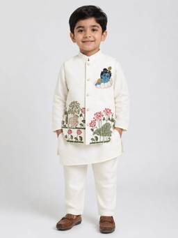 BAATCHEET - Cotton Kishan Ji Beads Work Kurta and Pyjama With Jacket- Off White