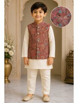 BAATCHEET - Cotton Schiffli Kurta and Pyjama With Jacket- Red