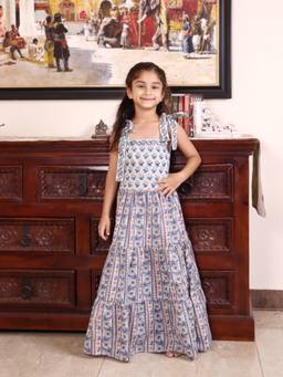 Evaraah - Dusty Blue Blossom Tiered Cotton Dress