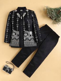 BT DEZINES - Black Satin Sherwani and Pant with Waistcoat and Necklace