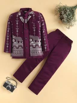 BT DEZINES - Wine Satin Floral Zari Sherwani and Pant with Waistcoat and Necklace