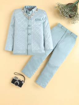 BT DEZINES - Blue Satin Sherwani and Pant with Waistcoat and Necklace
