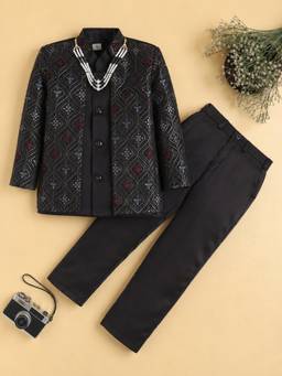 BT DEZINES - Black Satin Sherwani and Pant with Waistcoat and Necklace