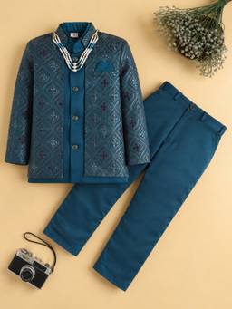 BT DEZINES - Blue Satin Sherwani and Pant with Waistcoat and Necklace